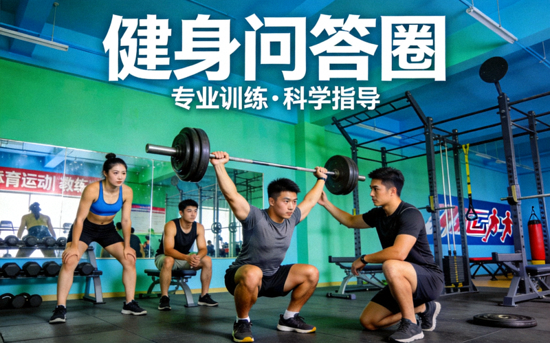 健身问答圈栏目封面图，展示运动员在训练馆进行力量训练与体能指导场景