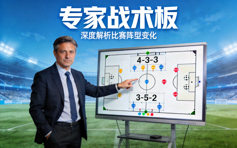 专家战术板栏目封面图，展示教练在战术屏前分析足球比赛阵型变化