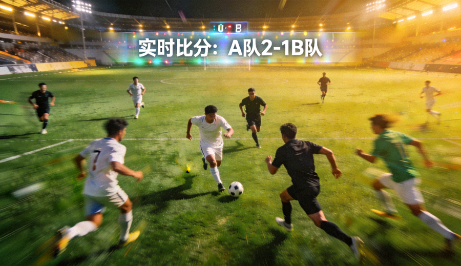 足球焦点赛事直播画面，球员在绿茵场高速对抗并显示实时比分数据叠层